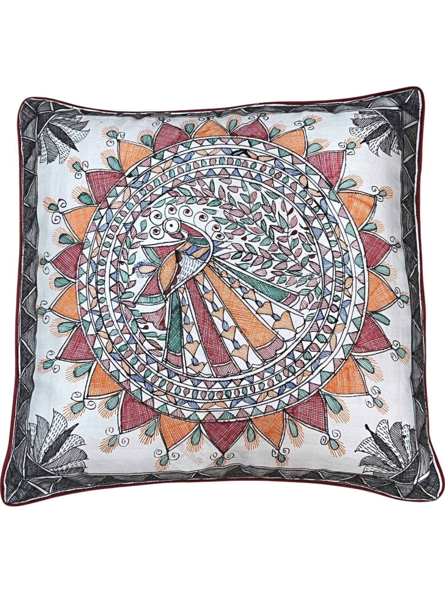 HAND-PAINTED MADHUBANI PEACOCK CUSHION COVER